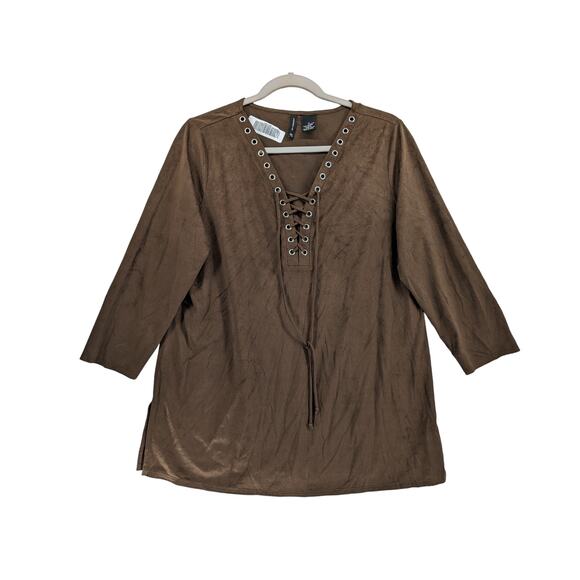 New Directions Lace Up Blouse‎ M Brown Suede Feel Lightweight Casual Top Office - Picture 1 of 8